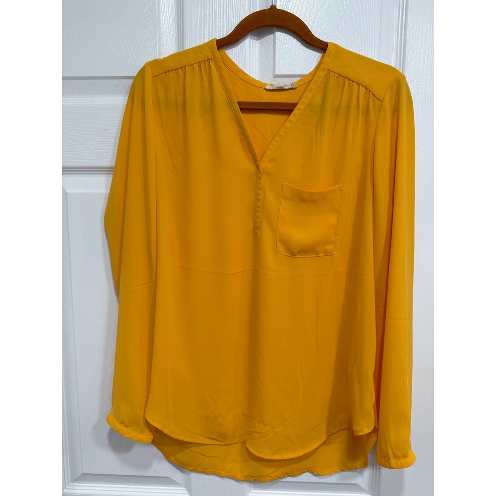 Pleione Women Mustard Yellow Split V-Neck Long Sleeve Blouse Small WAQ59331